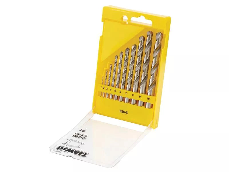 DeWalt DT5921 10-piece metal drill bit set in a yellow plastic case with clear lid, bits sized 1-10 mm.