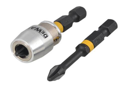 DeWalt PH2 50mm impact torsion bit and magnetic screwlock sleeve with black and silver finish and yellow band.