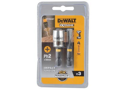 DeWalt Impact Torsion Bits PH2 x 50mm (x2) and Magnetic Screwlock Sleeve in clear plastic packaging with yellow backing.