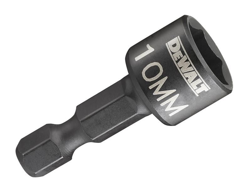 DeWalt DT7463 10mm compact nut driver with hex shank and magnetic lobular socket, angled view on white background.