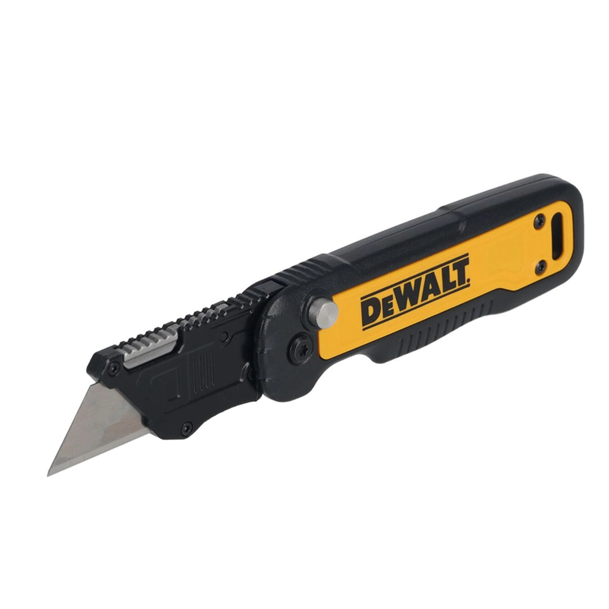 DeWALT folding fixed blade knife with yellow and black metal handle and exposed sharp blade angled left.