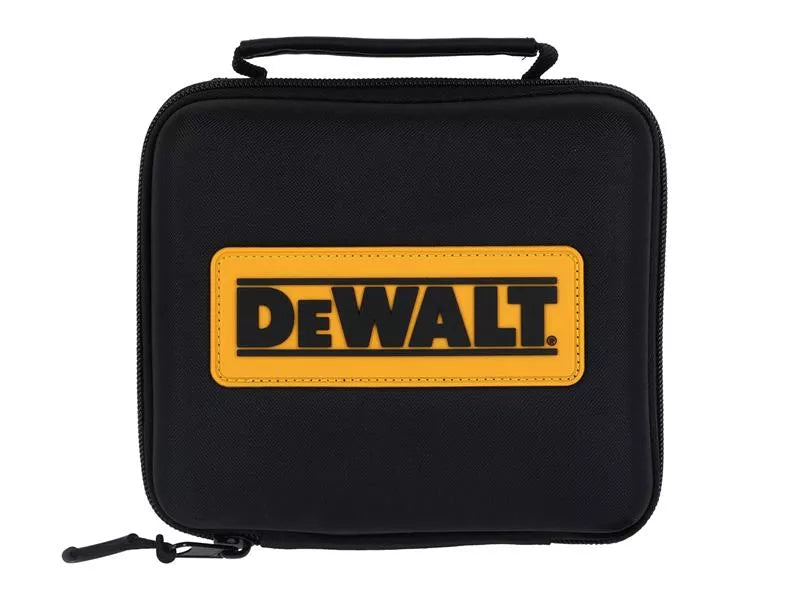 Black zippered carrying case with yellow DeWalt logo patch and handle for laser level storage.