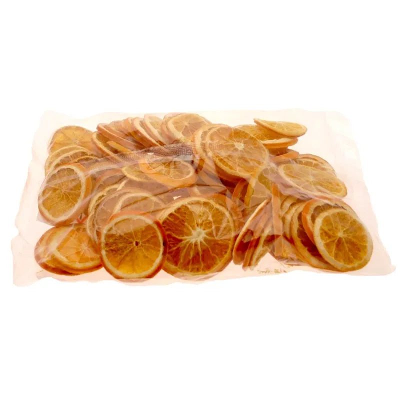Clear plastic bag filled with 250g dried orange slices, showing their round, translucent texture.