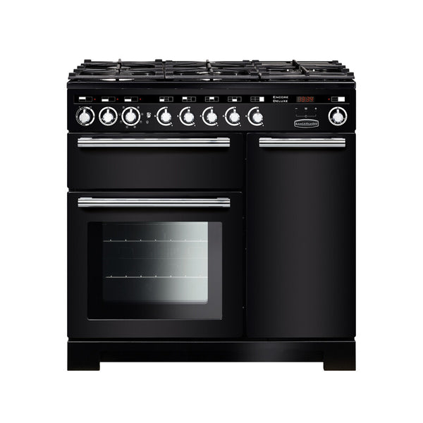 Rangemaster Encore Deluxe 90CM Dual Fuel Range Cooker with 5 burners, electric ovens, cast iron pan supports – Keans