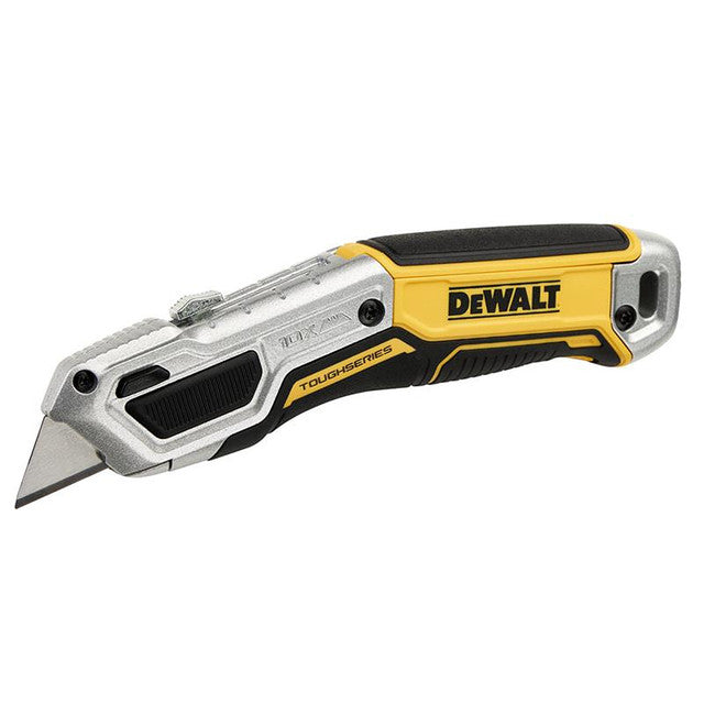 Dewalt Toughseries retractable knife with yellow and black handle and exposed sharp blade.
