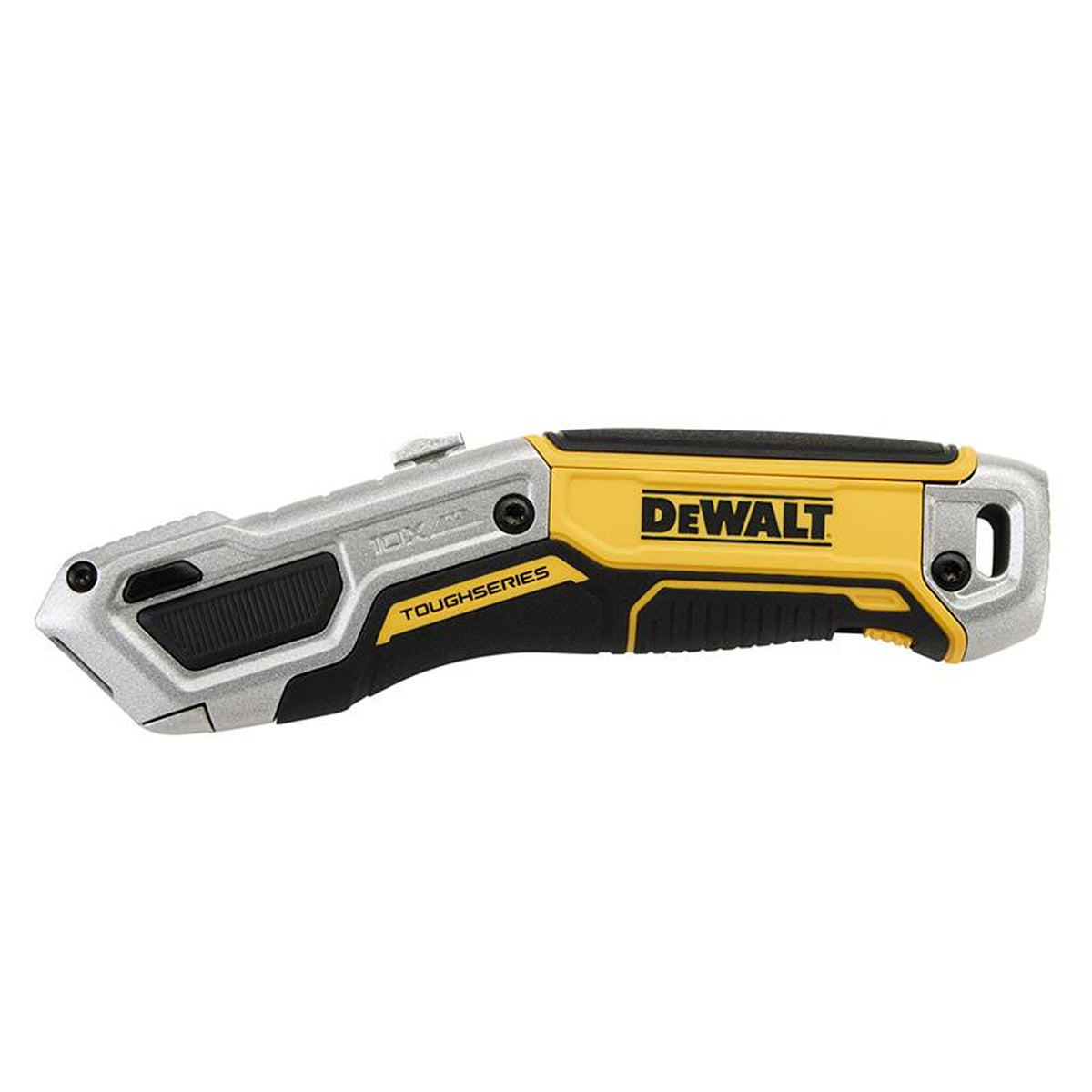 DeWALT Toughseries retractable utility knife with yellow and silver zinc body and black grip details.