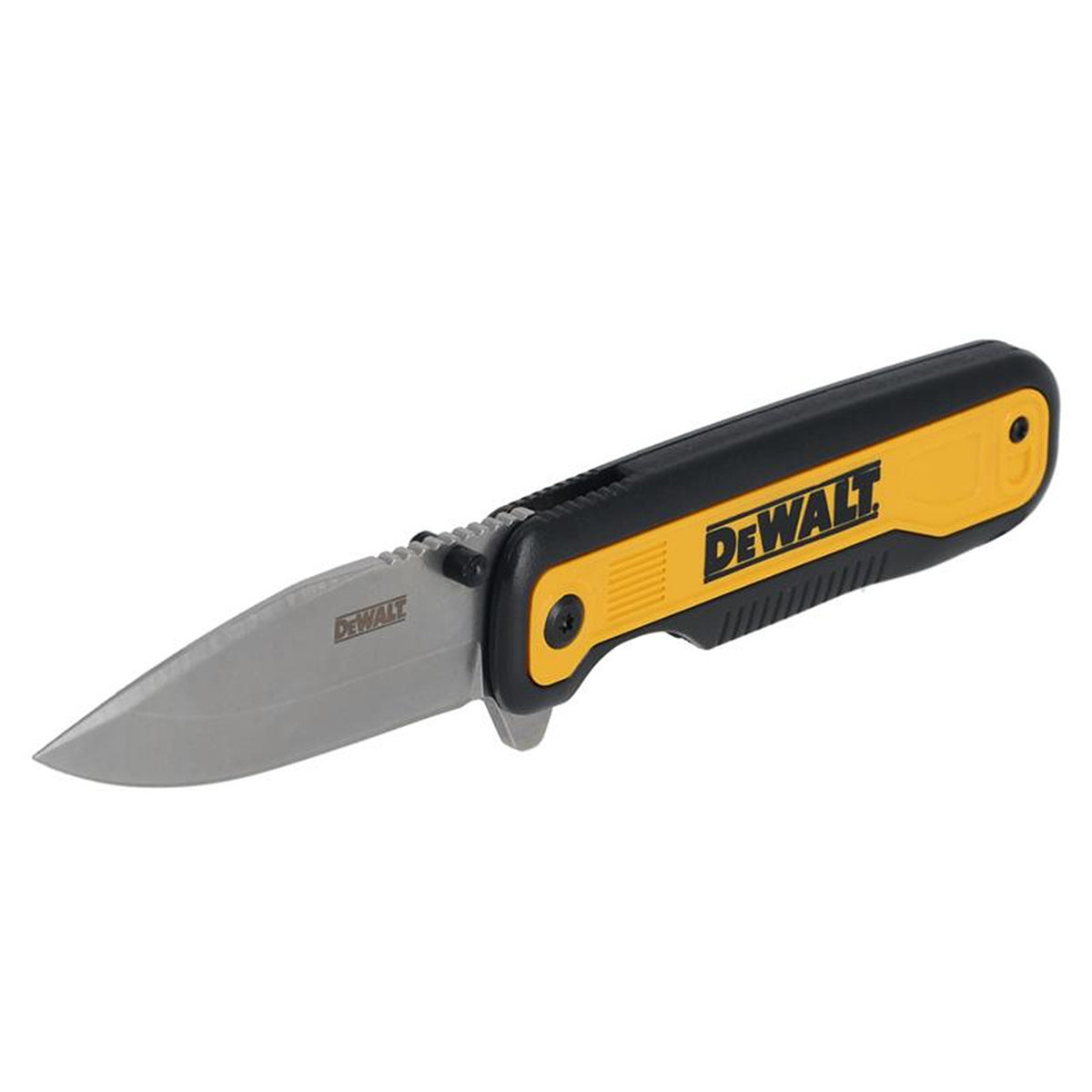 Dewalt folding pocket knife with partially serrated stainless steel blade and yellow-black handle shown open