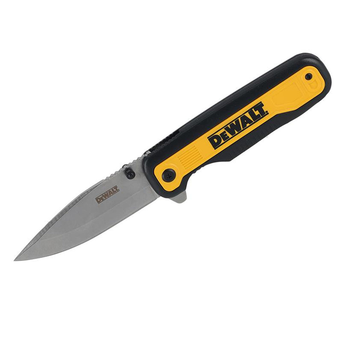 DeWALT folding pocket knife with stainless steel drop point blade and black-yellow handle shown open.