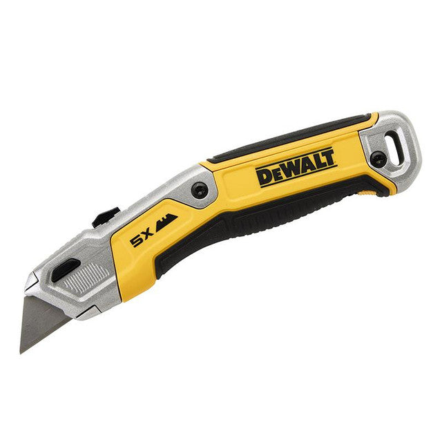 Dewalt retractable blade utility knife with yellow and black handle and partially extended blade.
