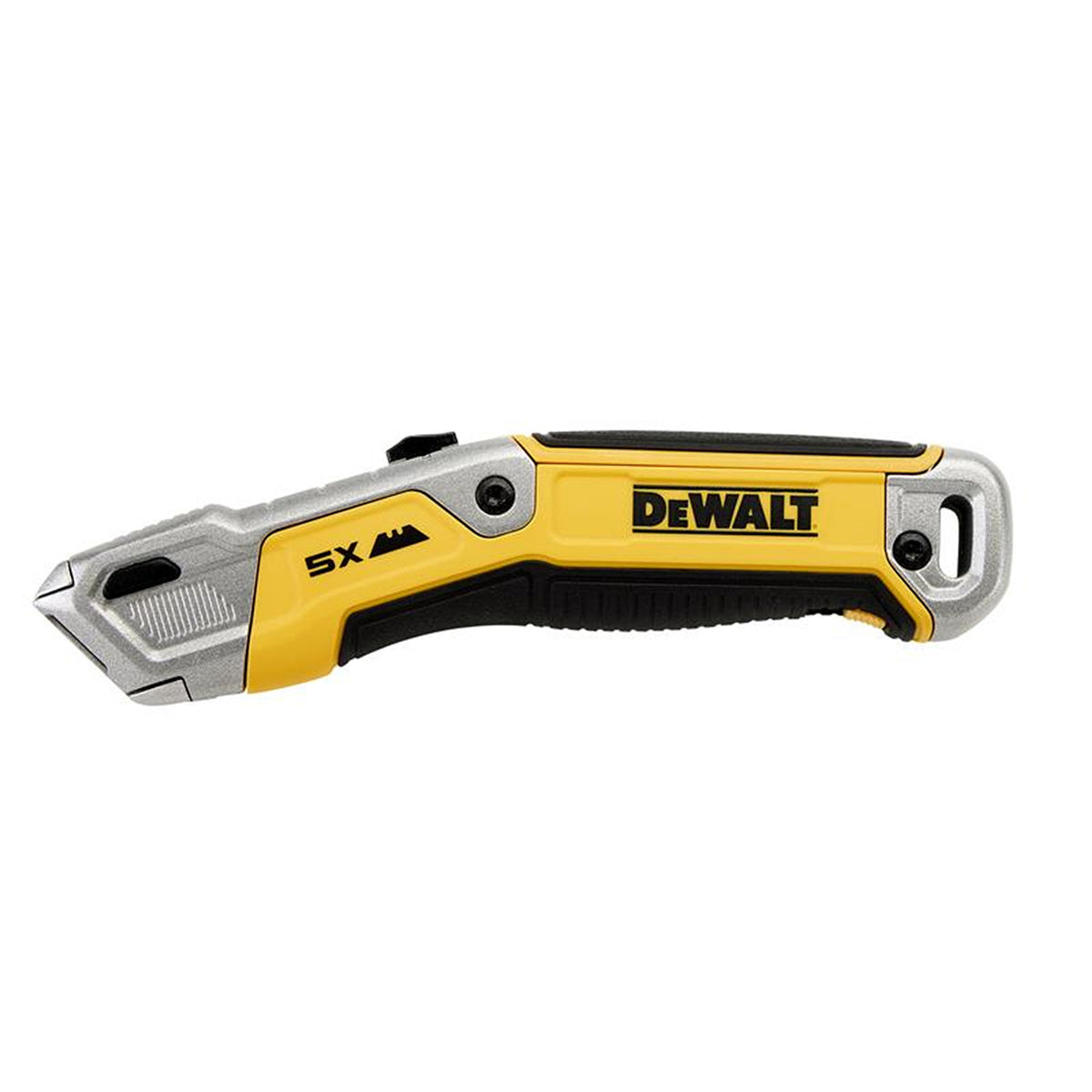 Yellow and silver DeWalt retractable blade utility knife with ergonomic grip and blade storage compartment visible