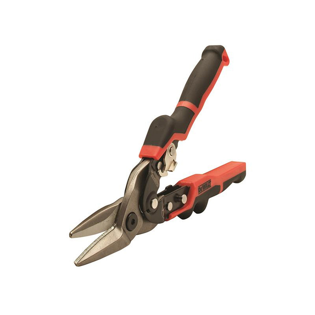 DeWalt Ergo Aviation Snip with black and red ergonomic handles and serrated metal blades angled left