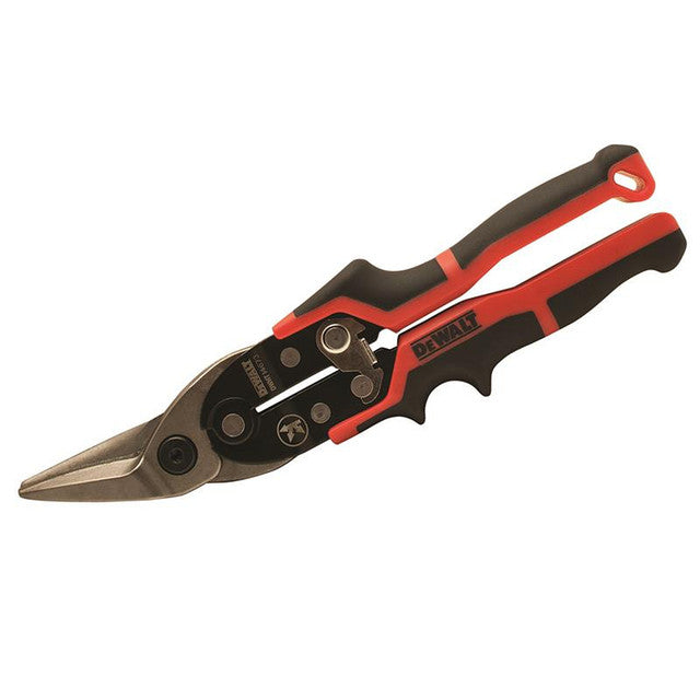 DeWALT Left Cut Ergo Aviation Snips with red and black ergonomic handles and forged steel blades.