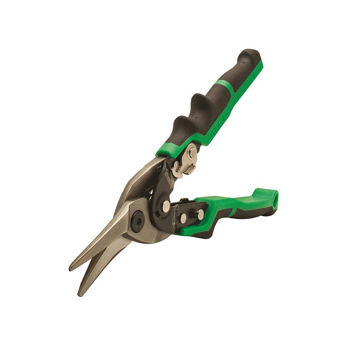 DeWalt Ergo Aviation Snip with green and black ergonomic handles and curved metal cutting blades.
