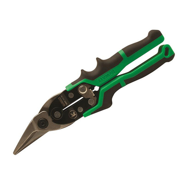 DeWALT Right Cut Ergo Aviation Snips with green and black ergonomic handles and serrated steel blades.