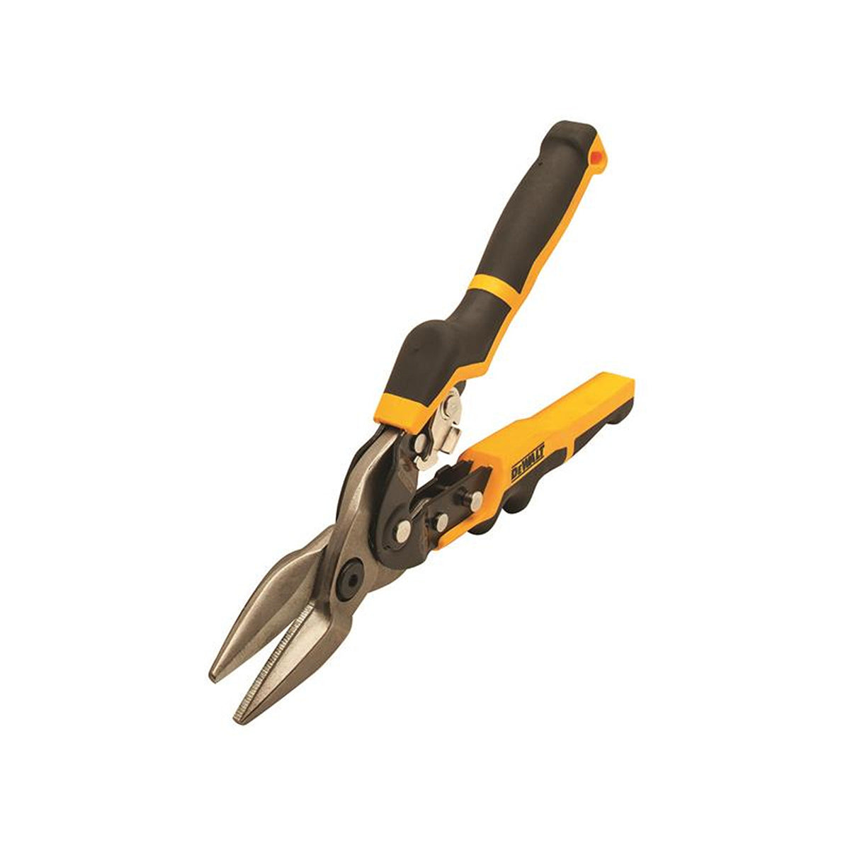 DeWalt Ergo Aviation Snip with yellow and black ergonomic handles and straight metal blades on white background