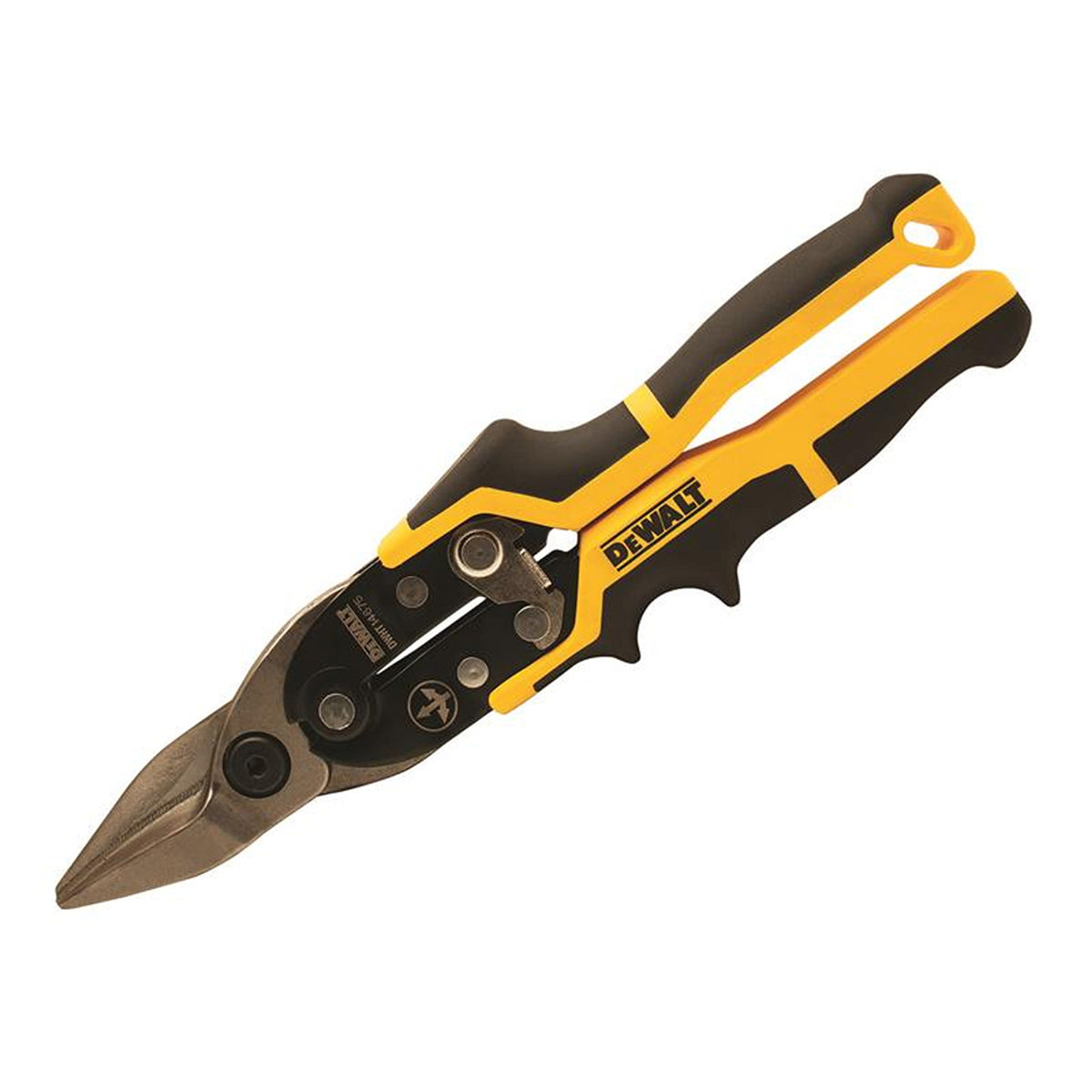 DeWALT Ergo Aviation Snip with yellow and black ergonomic handles and straight metal cutting blades.