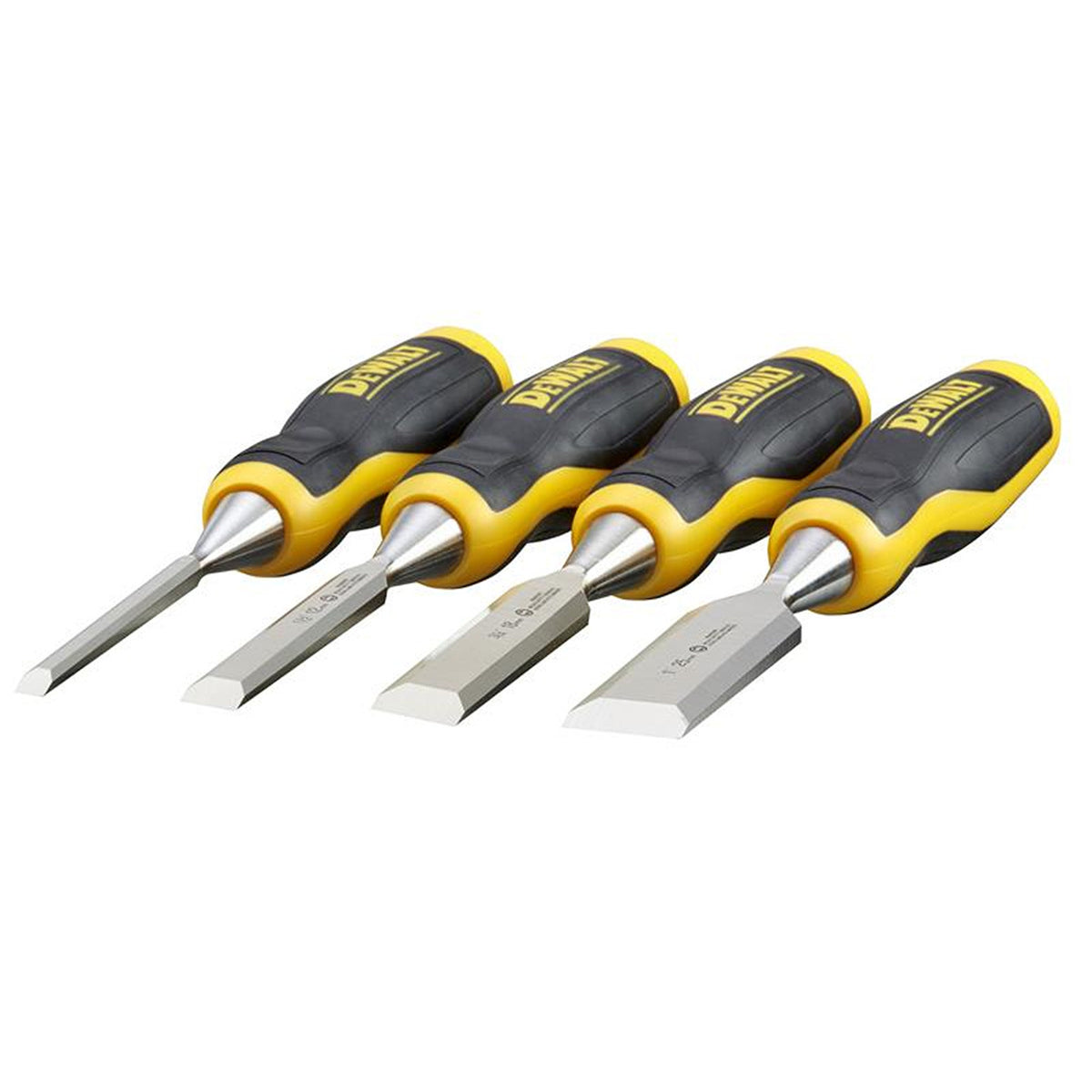 Four DeWalt wood chisels with yellow and black handles, blades facing forward on white background.