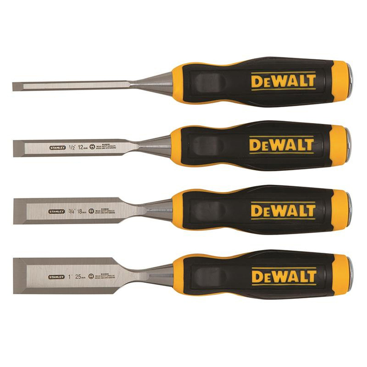 Four DeWalt wood chisels with black and yellow ergonomic handles, arranged vertically on white background.