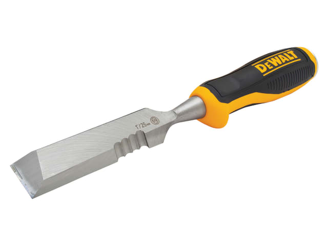 DeWALT Side Strike Wood Chisel with serrated 25mm blade and black-yellow ergonomic handle.
