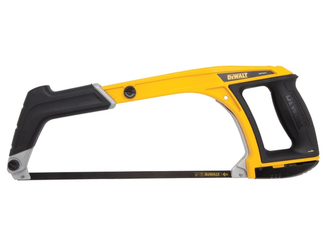DeWalt 5-in-1 hacksaw with yellow and black frame, ergonomic handle, and 300mm bi-metal blade.