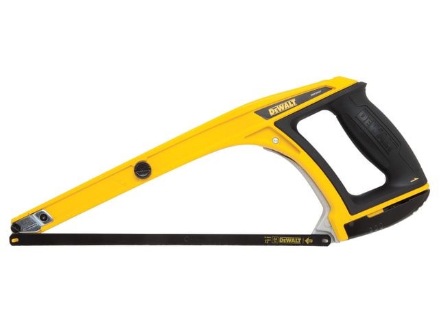 DeWalt 5-in-1 hacksaw with yellow frame, black handle, and 300mm black blade on white background