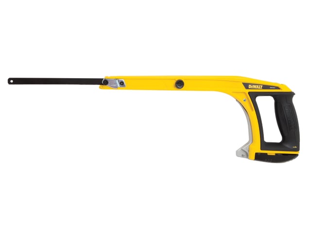 DeWalt 5-in-1 hacksaw with a yellow frame, black handle, and a 300mm blade on a white background.