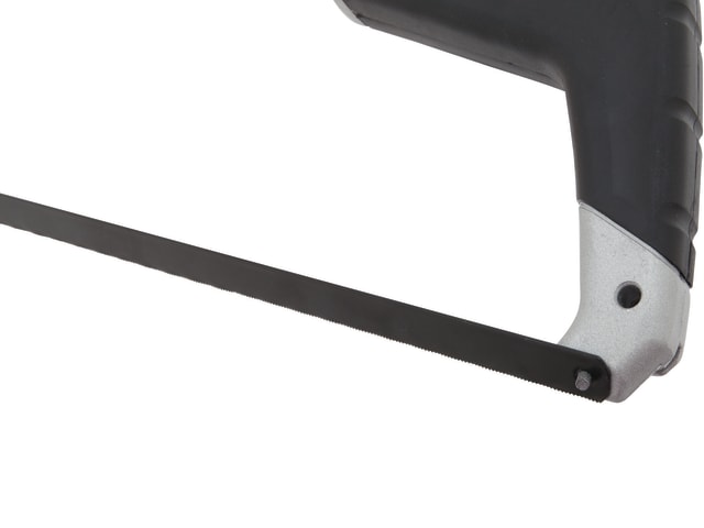 Close-up of the black handle and 300mm blade of the DeWalt 5-In-1 Hacksaw.