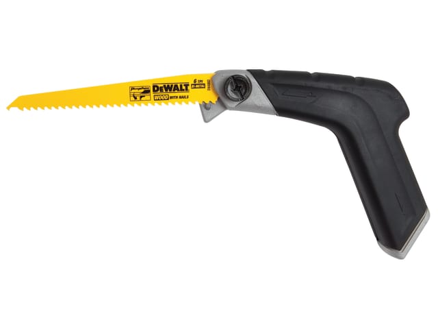 DeWalt 5-In-1 hacksaw with a black ergonomic handle and a yellow 300mm blade angled to the left.