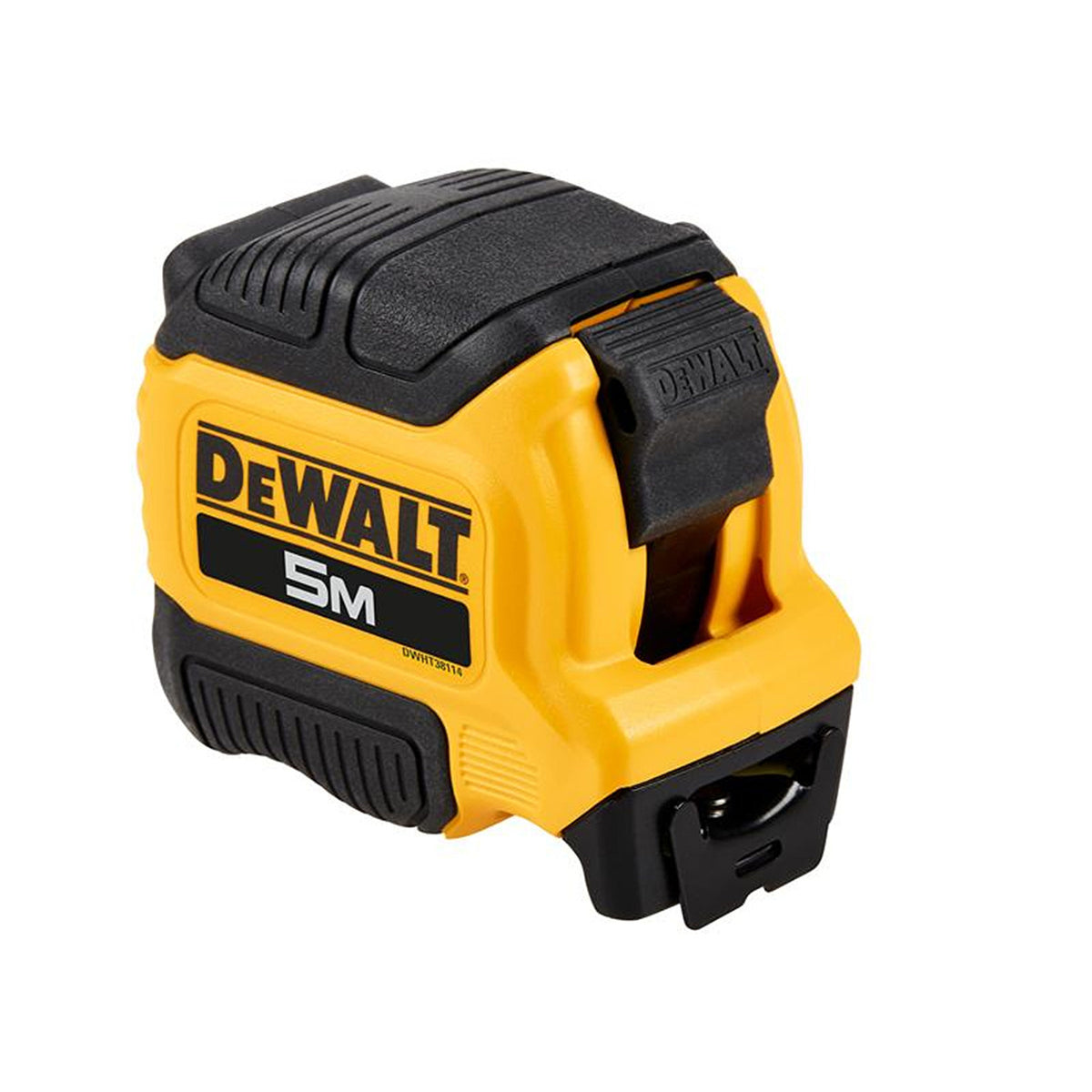 Yellow and black DeWalt Compact Tape 5m with textured grip and belt clip, angled view.