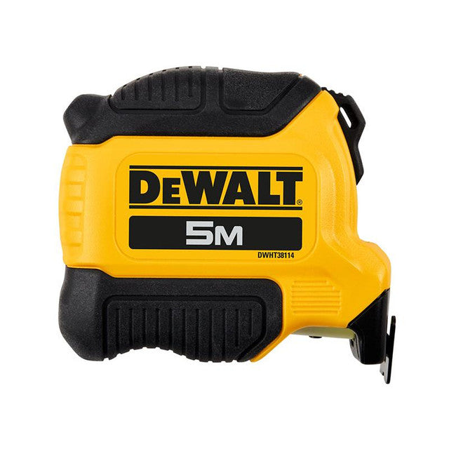 DeWALT Compact Tape Measure 5m with yellow and black ergonomic casing and bold logo on side.