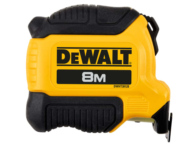 DeWALT Compact Tape Measure 8m with yellow and black casing, showing front label and ergonomic grip.