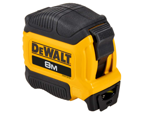 DeWalt Compact Tape 8m with yellow and black casing, angled view showing locking mechanism and belt clip