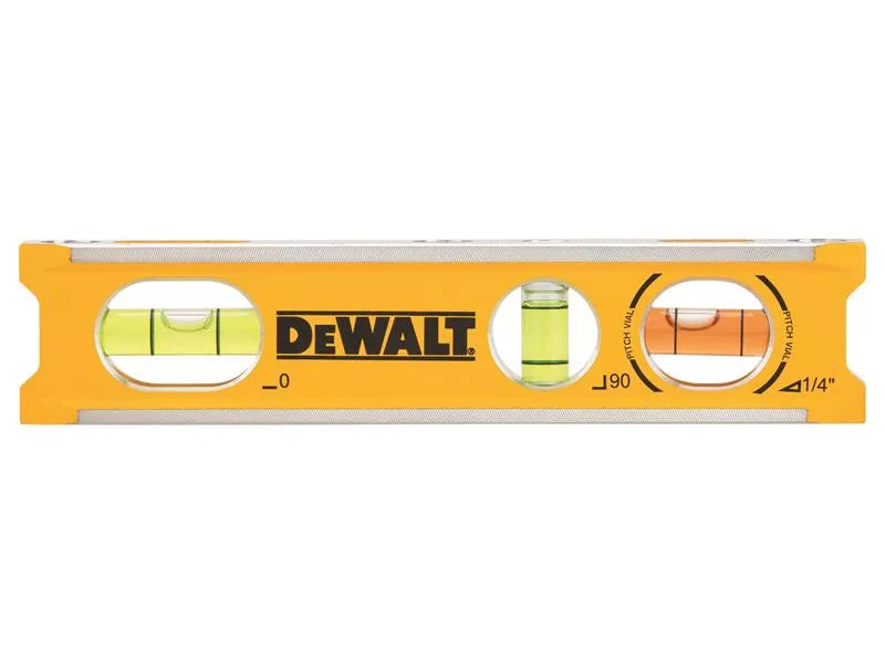 DeWalt Billet Level 165mm with three bubble vials and yellow body shown from the front angle.