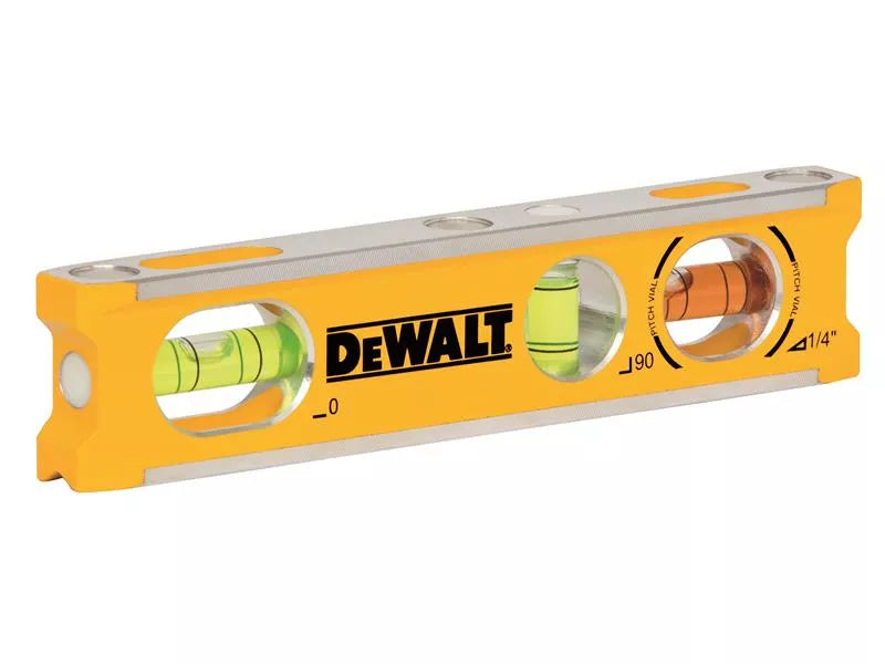 DeWalt Billet Level 165mm with yellow body, three vials, and metal edges shown at an angle on white background.