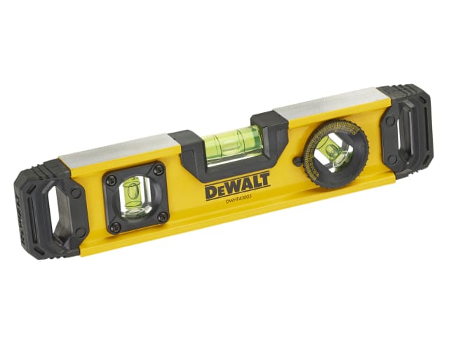 DeWALT 25cm torpedo level with yellow aluminium body, three vials, magnetic base, and V-groove edge.