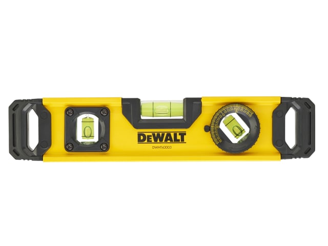 DeWalt 25cm torpedo level with three bubble vials and black rubber end grips on a white background