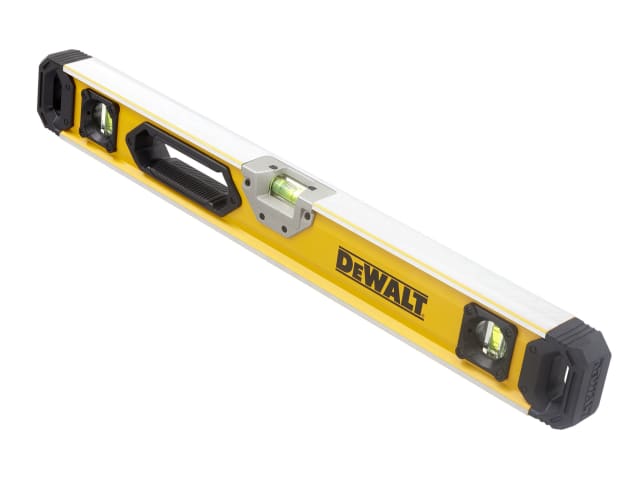 DeWalt 60cm box beam level with yellow body, black handle, three vials, and shock-absorbing end caps.