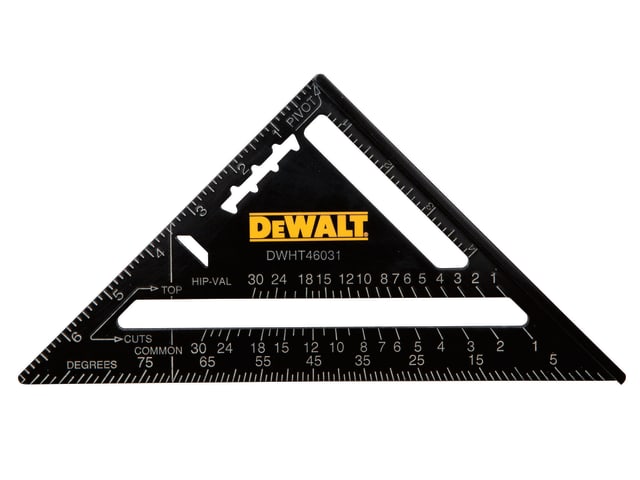DeWALT 7-inch black rafter layout square with yellow logo and white measurement markings on a white background.