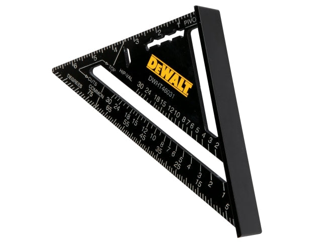 DeWalt 7 inch black metal square with yellow logo and measurement markings on a white background