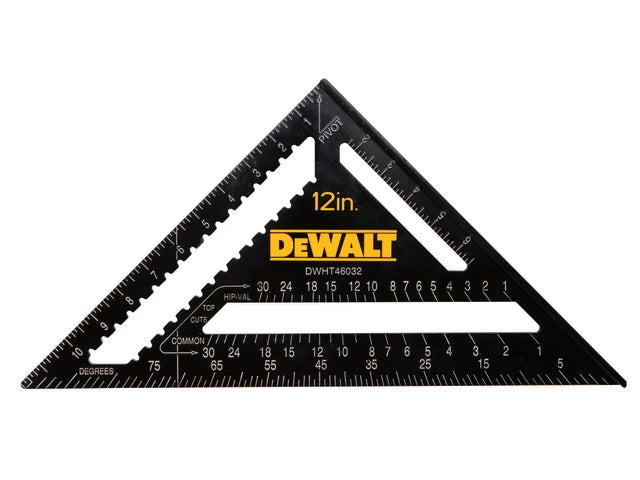 DeWALT 12-inch black rafter layout square with yellow logo and multiple measurement scales on white background.