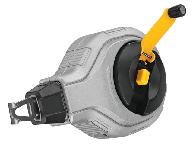 DeWalt 6 To 1 Chalk Reel with silver body, black spool, and yellow crank handle on white background