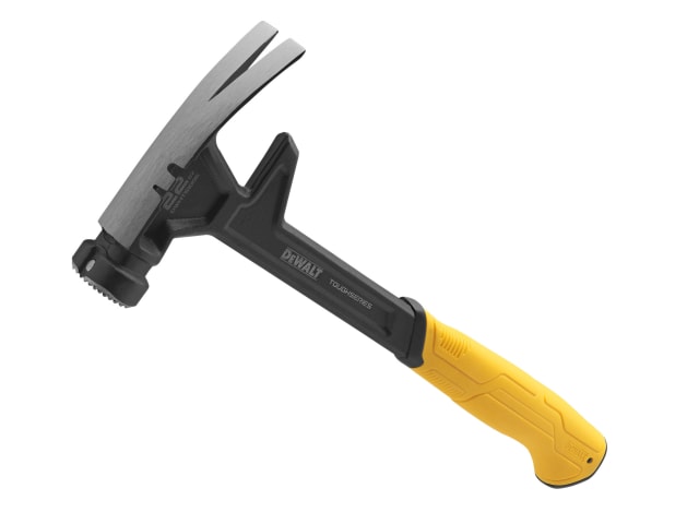 DeWalt 22oz Rip Claw Demolition Hammer with black head and yellow ergonomic soft grip handle, side view.