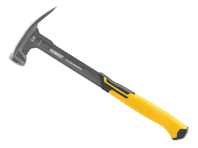 DeWalt 14oz rip claw hammer with yellow and black soft grip handle and smooth face head angled left.