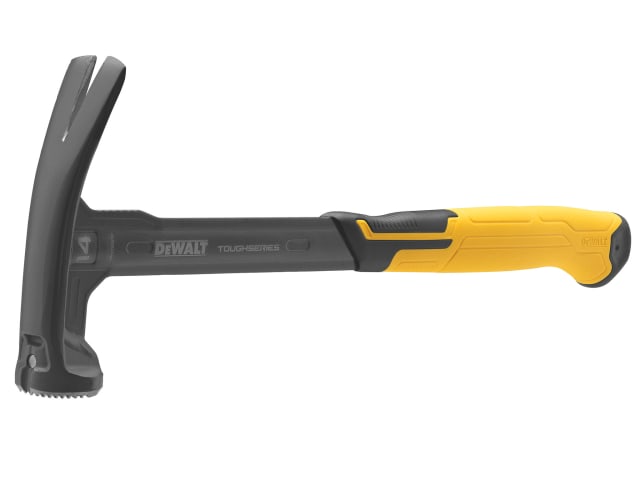 DeWalt 14oz rip claw hammer with black milled head and yellow and black ergonomic handle shown from side angle.