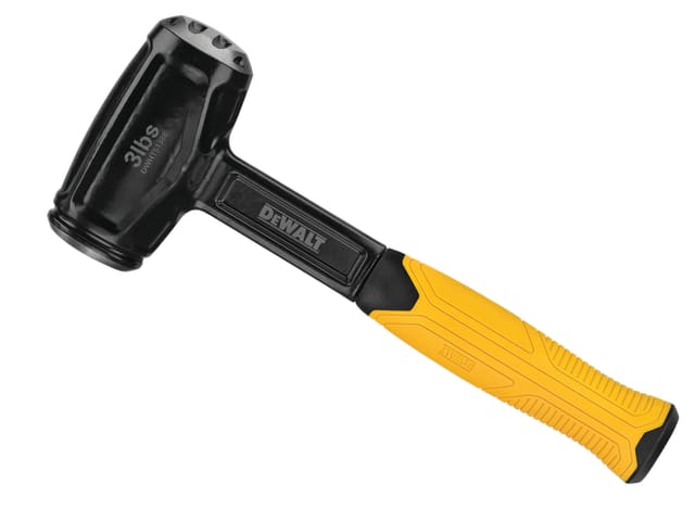 DeWalt Club Hammer 1.4kg with black steel head and yellow ergonomic grip handle, side view on white background.