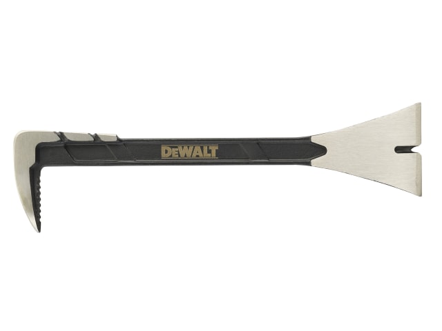 DeWalt 250mm moulding bar with black handle and metal claw and flat pry end on white background