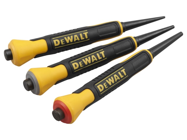 Three DeWalt nail punches with yellow and black bi-material grips and color-coded ends in red, gray, and yellow.
