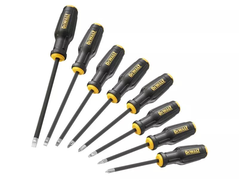 Eight DeWalt Maxfit screwdrivers with black and yellow ergonomic handles, arranged by size on white background.