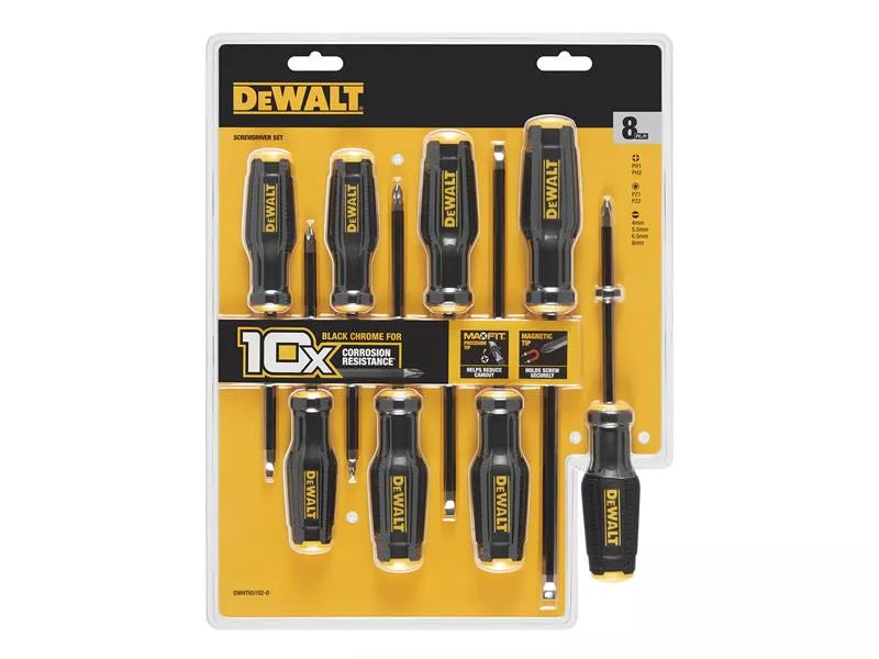 DeWalt Maxfit 8 piece screwdriver set in yellow and black packaging with visible screwdrivers and labels.