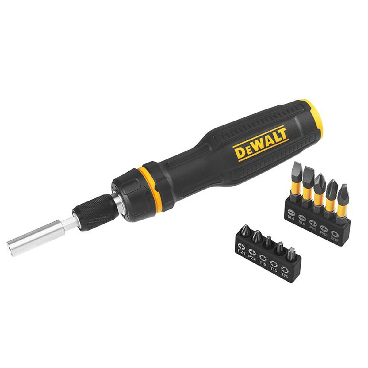 DeWalt Fullfit telescoping ratcheting screwdriver with black and yellow handle and two sets of assorted bits.